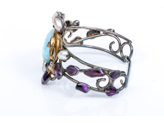 Sterling Striking Larimer, Amethyst And Cultured Freshwater Pearl Cuff Bracelet, With Ring