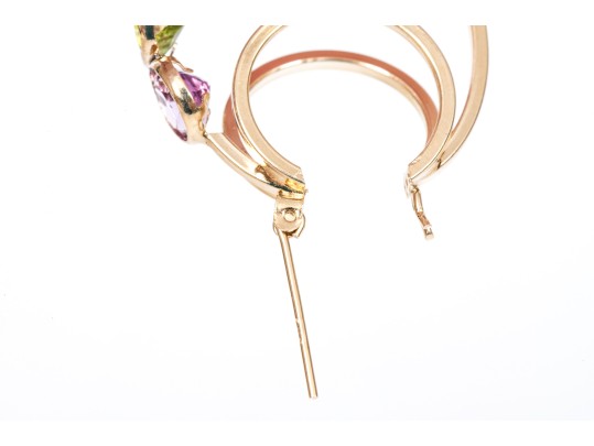 Colorful 14K Amethyst, Peridot And Topaz Set Hoop Earrings