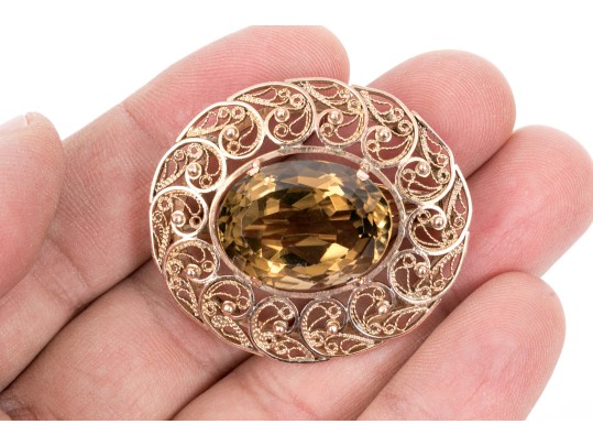 Elegant 14K Smoky Quartz Filigree Brooch