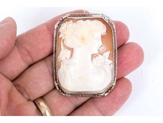 14k White Gold Large Lovely Vintage Rectangular Cut Corner Cameo Brooch/pendant