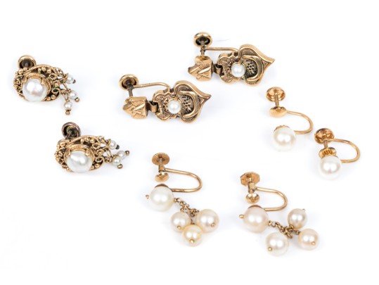 14k Yellow Vintage Lot Of Cultured Pearl And Screw Back Earrings, Assorted Styles