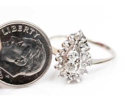 Stunning 14K White Gold Brilliant Diamond Pear Form Ring, Size 8-