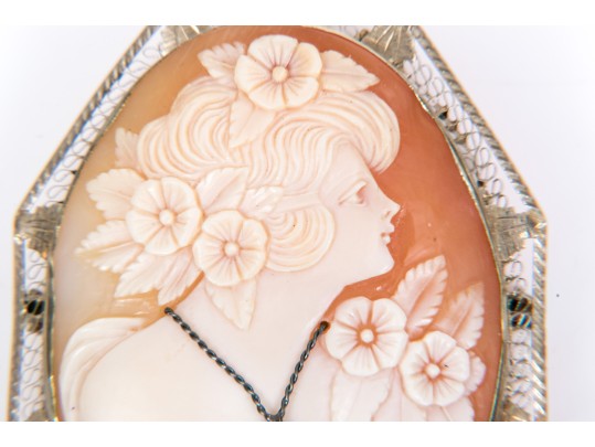 14k White Gold Large Pretty Vintage Cameo Brooch/pendant, With Diamond, Signed