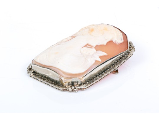 14k White Gold Large Lovely Vintage Rectangular Cut Corner Cameo Brooch/pendant