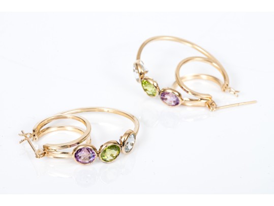 Colorful 14K Amethyst, Peridot And Topaz Set Hoop Earrings