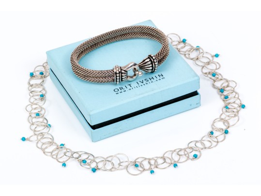 Lot Of Two Fun Sterling Silver Jewelry Pieces, Including A Link Necklace And Mesh Bracelet