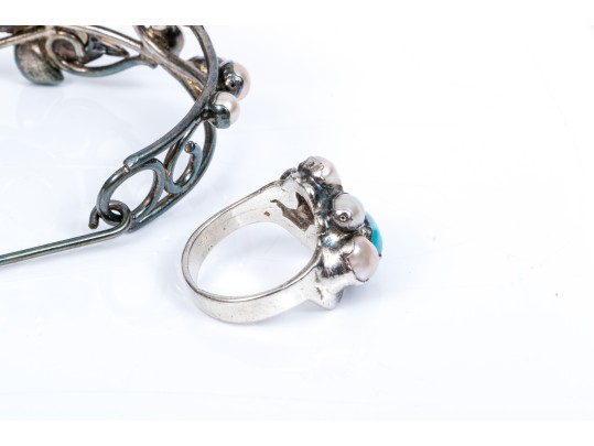 Sterling Striking Larimer, Amethyst And Cultured Freshwater Pearl Cuff Bracelet, With Ring