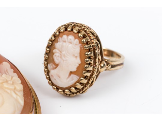 Classic 14K Cameo Brooch And Ring, Size 4.25