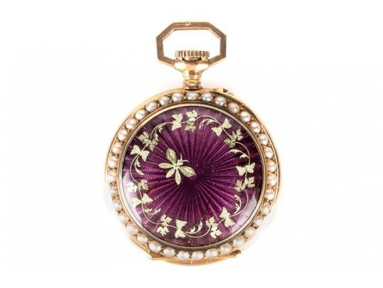 18k Yellow Gold Antique Lever Set Purple Guilloche Enamel Pendant Watch