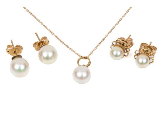 14K And Cultured Pearl Earrings And Pendant Necklace