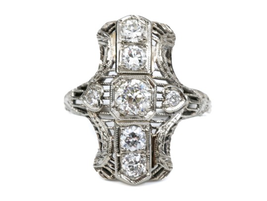 Vintage 18K White Gold Old European Cut Diamond Elongated Ring, Size 5.25-