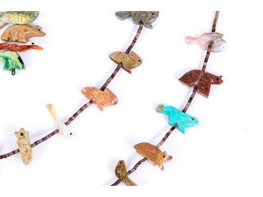 Fabulous Sterling Silver And Carved Stone Two Row Fetish Necklace And Compatible Earrings