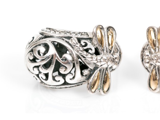 Charming Sterling And 18K Accented Dragonfly And Scrollwork Earrings