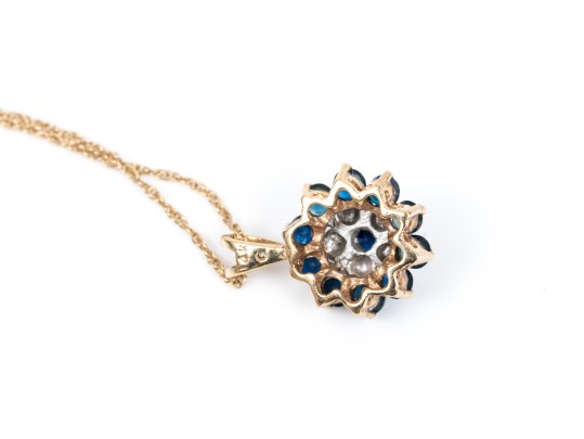 14K Sapphire And Accent Diamond Cluster Pendant Necklace