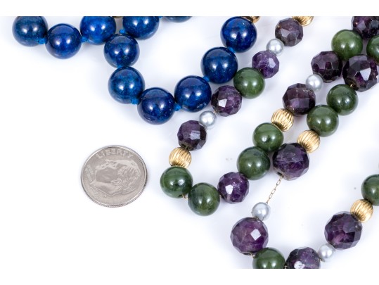 Lot Of Four Bead Necklaces, Including Amethyst And Jade, Chalcedony, Cultured Pearl And Sodalite