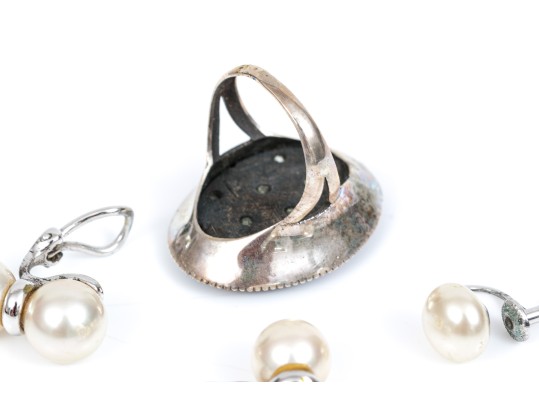 Lot Of Sterling Silver Jewelry Including A Ring And Faux Pearl Earrings