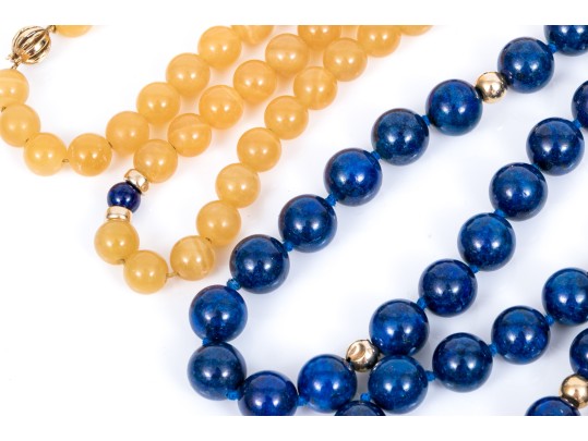 Lot Of Four Bead Necklaces, Including Amethyst And Jade, Chalcedony, Cultured Pearl And Sodalite