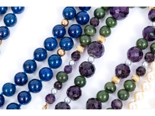 Lot Of Four Bead Necklaces, Including Amethyst And Jade, Chalcedony, Cultured Pearl And Sodalite