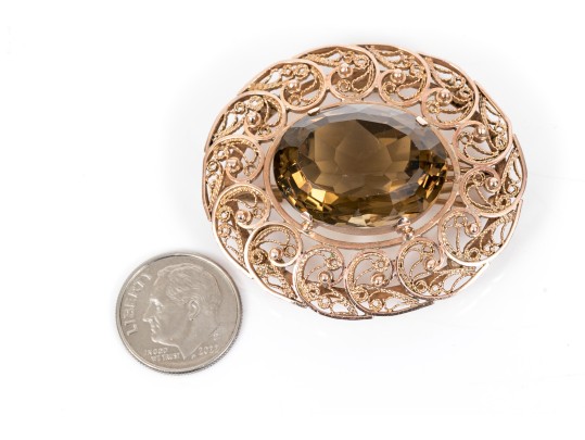 Elegant 14K Smoky Quartz Filigree Brooch