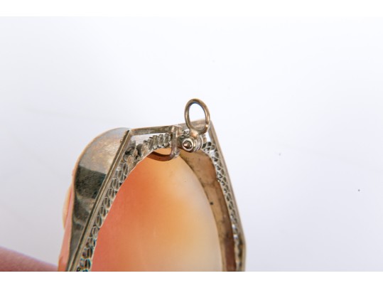 14k White Gold Large Pretty Vintage Cameo Brooch/pendant, With Diamond, Signed