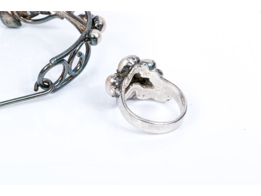 Sterling Striking Larimer, Amethyst And Cultured Freshwater Pearl Cuff Bracelet, With Ring