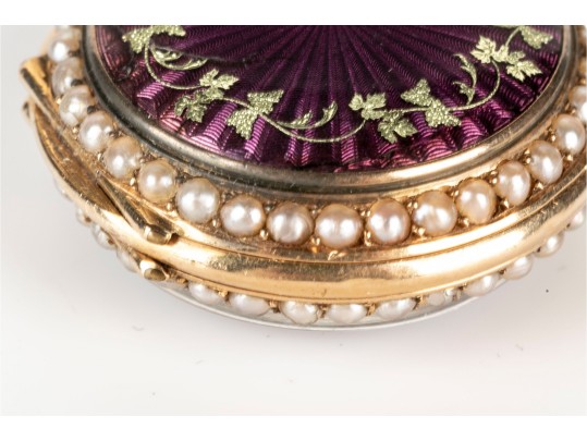 18k Yellow Gold Antique Lever Set Purple Guilloche Enamel Pendant Watch