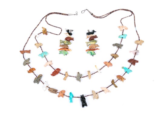 Fabulous Sterling Silver And Carved Stone Two Row Fetish Necklace And Compatible Earrings