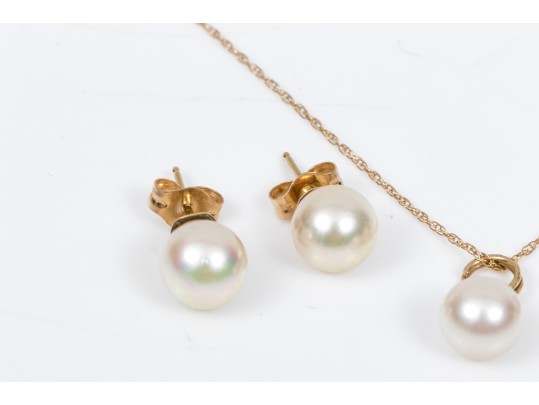 14K And Cultured Pearl Earrings And Pendant Necklace