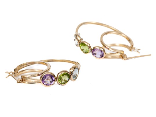 Colorful 14K Amethyst, Peridot And Topaz Set Hoop Earrings
