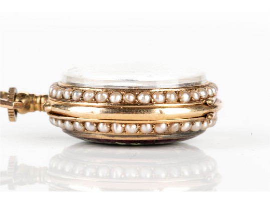 18k Yellow Gold Antique Lever Set Purple Guilloche Enamel Pendant Watch