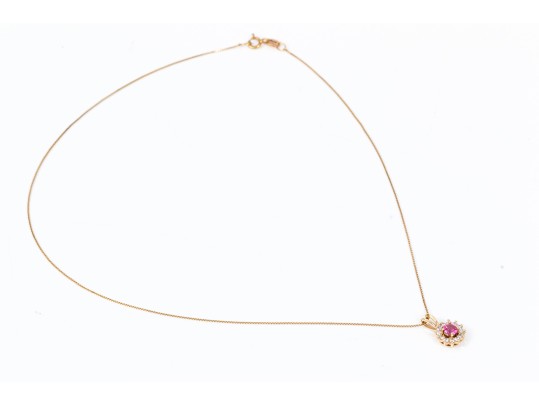 Delicate 14K Pink Sapphire And Diamond Cluster Pendant Necklace