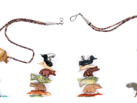 Fabulous Sterling Silver And Carved Stone Two Row Fetish Necklace And Compatible Earrings