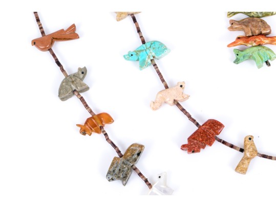 Fabulous Sterling Silver And Carved Stone Two Row Fetish Necklace And Compatible Earrings