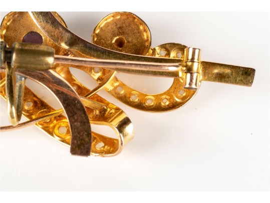Lovely Antique 14k Yellow Gold And Seed Pearl Swirl And Flower Motif Brooch
