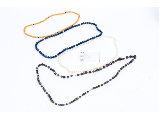 Lot Of Four Bead Necklaces, Including Amethyst And Jade, Chalcedony, Cultured Pearl And Sodalite
