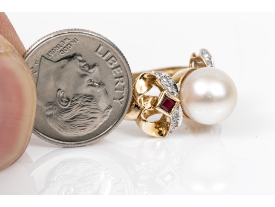 Effortless 14K Pearl And Ruby Ring, Size 7.25
