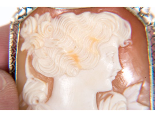 14k White Gold Large Lovely Vintage Rectangular Cut Corner Cameo Brooch/pendant