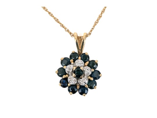 14K Sapphire And Accent Diamond Cluster Pendant Necklace