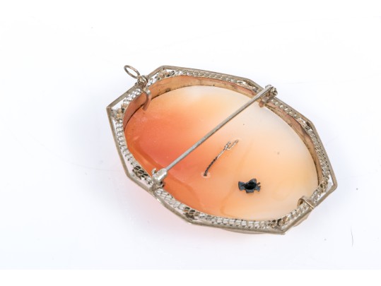 14k White Gold Large Pretty Vintage Cameo Brooch/pendant, With Diamond, Signed