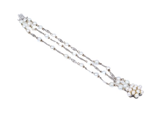 14k White Gold Vintage Three Strand Cultured Pearl And Plaque Link Bracelet