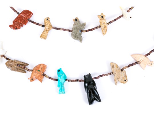 Fabulous Sterling Silver And Carved Stone Two Row Fetish Necklace And Compatible Earrings