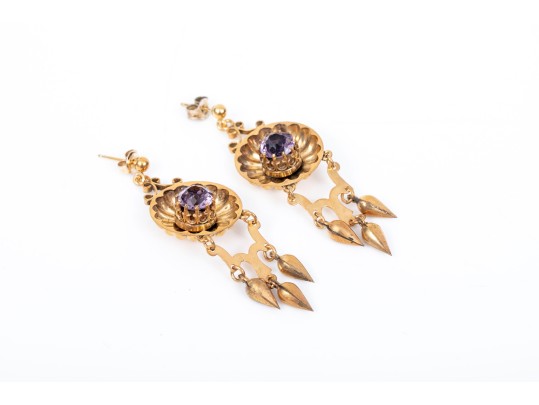 14k Yellow Gold Pretty Vintage Fringed Pendant Earrings