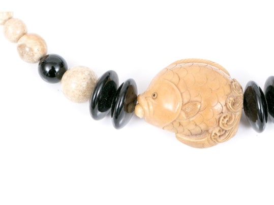 Artistic Carved Hard Stone Beaded Fish Necklace