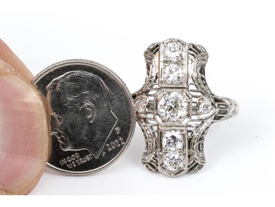 Vintage 18K White Gold Old European Cut Diamond Elongated Ring, Size 5.25-