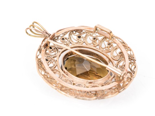 Elegant 14K Smoky Quartz Filigree Brooch