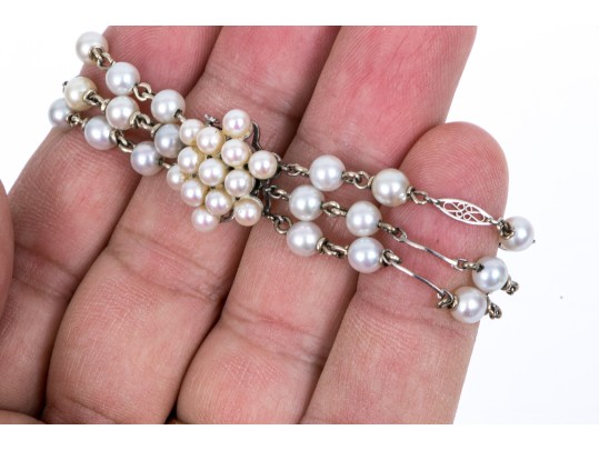 14k White Gold Vintage Three Strand Cultured Pearl And Plaque Link Bracelet