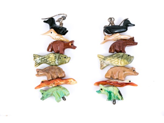 Fabulous Sterling Silver And Carved Stone Two Row Fetish Necklace And Compatible Earrings