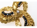18k Yellow Gold Vintage Foliate Trefoil Patterned Diamond And Sapphire Brooch