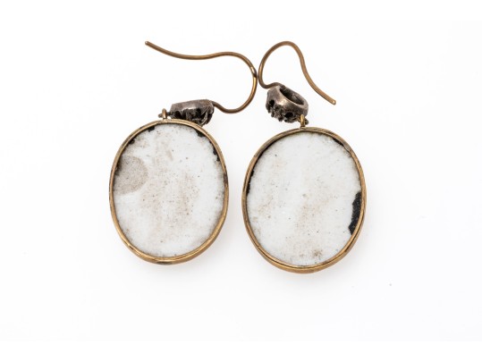 14k Two Tone Antique Rose Cut Diamond And Porcelain Flower Motif Drop Earrings