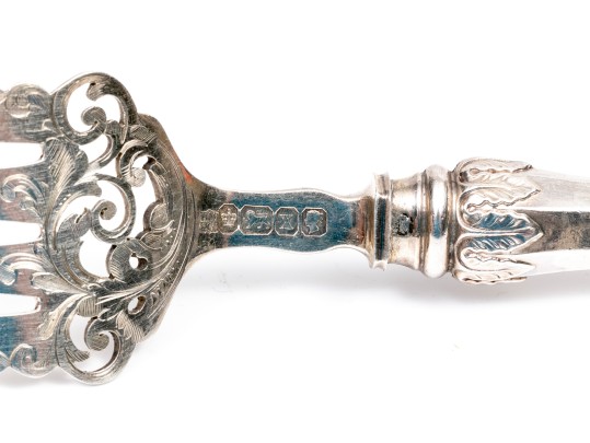 Antique Sterling Silver Ornate Serving Fork, Sheffield England, 1890, Henry Wilkenson